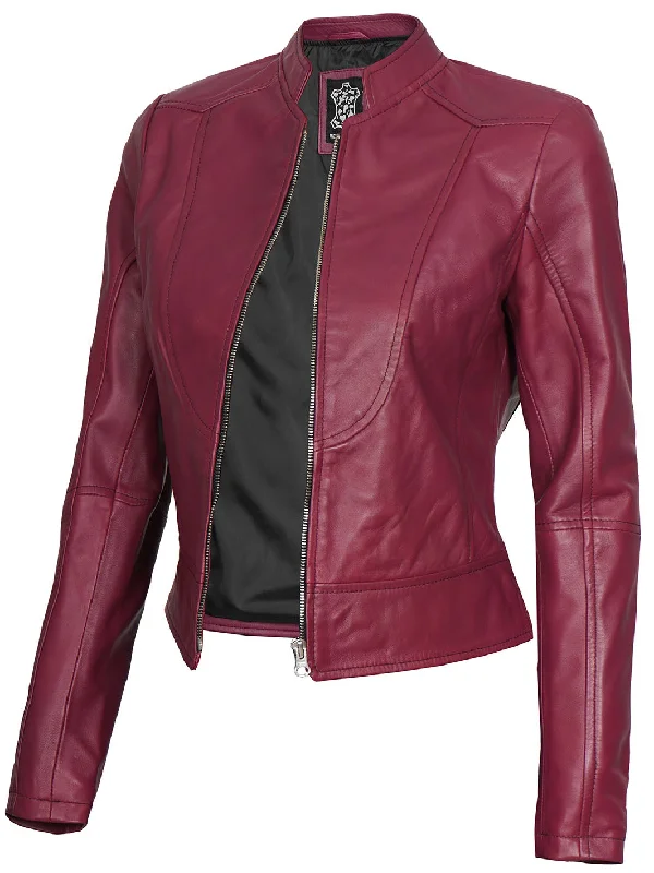 Amy Womens Pink Fitted Cafe Racer Leather Jacket