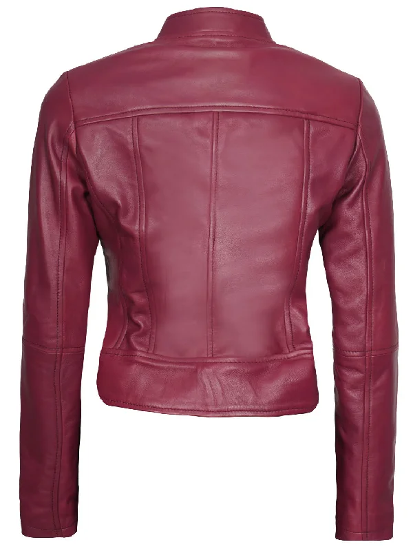 Amy Womens Pink Fitted Cafe Racer Leather Jacket