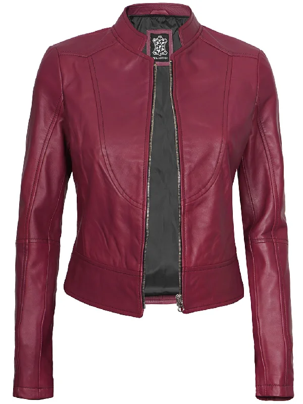 Amy Womens Pink Fitted Cafe Racer Leather Jacket