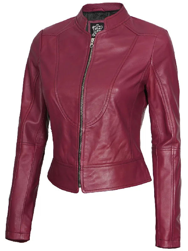 Amy Womens Pink Fitted Cafe Racer Leather Jacket