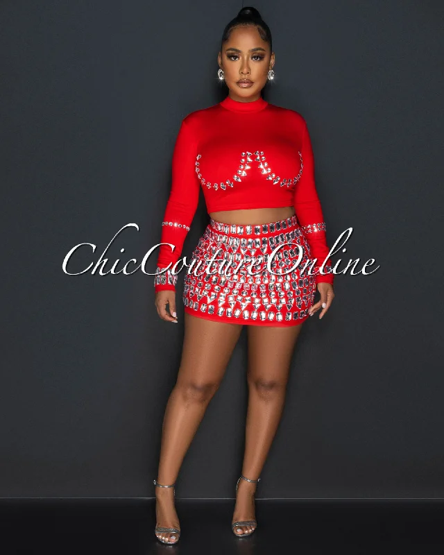 Birka Red Rhinestones Crop Top & Mini Skirt Set