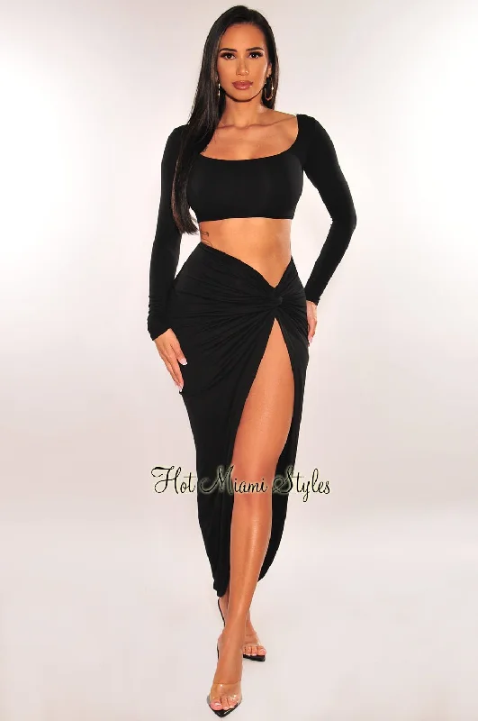 Black Long Sleeves Knotted Slit Skirt Two Piece Set