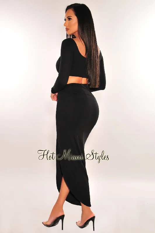 black-long-sleeves-knotted-slit-skirt-two-piece-set