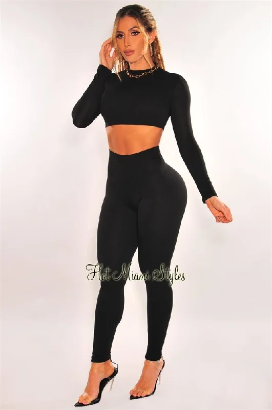 Black Mock Neck Long Sleeve Pant Two Piece Set