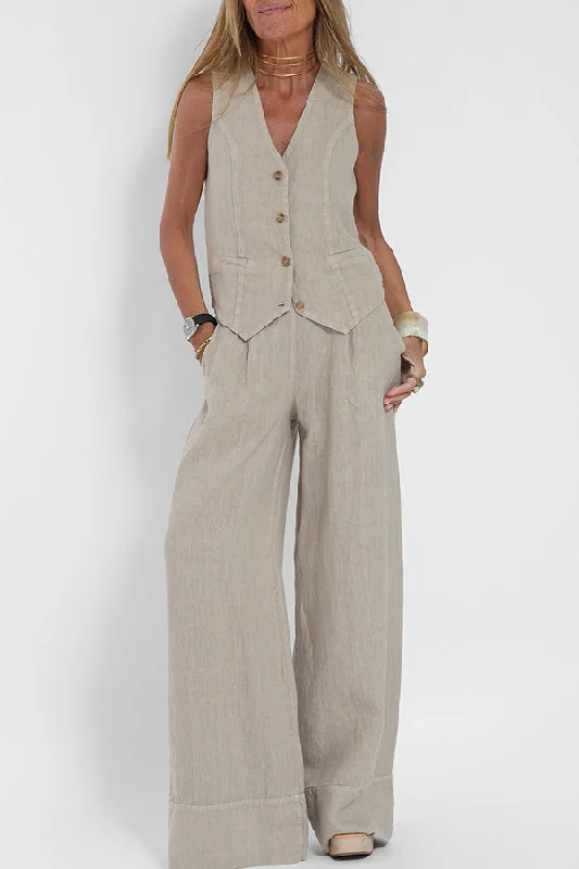 Eddie Linen Blend Button Vest and Elastic Waist Pocketed Wide Leg Pants Set