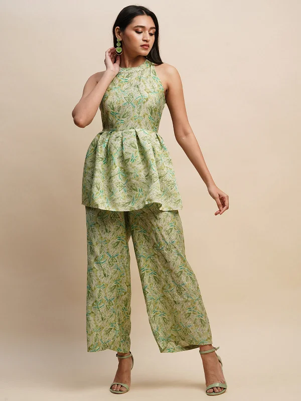 Odette Women Green Poly Rayon Floral Printed Stitched Co-Ord Set