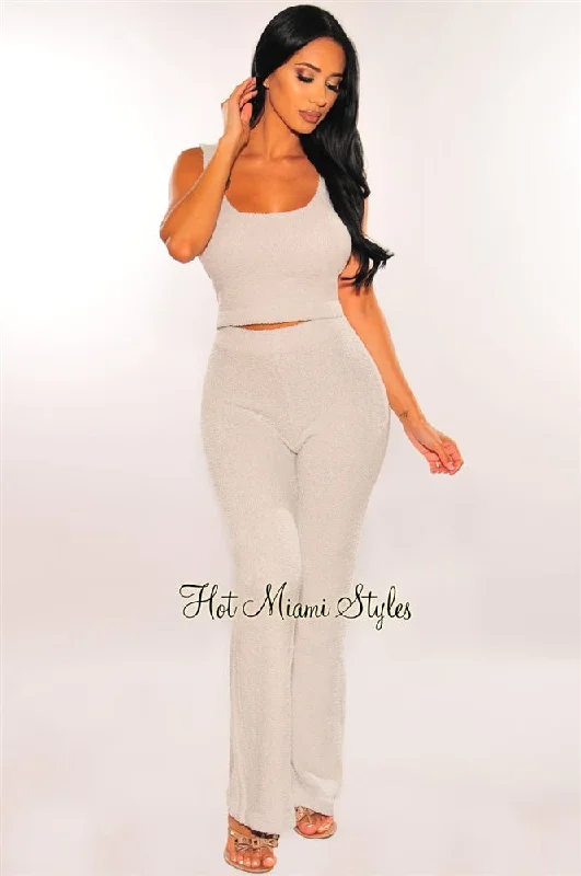 HMS Lounge: Gray Fuzzy Tank High Waist Palazzo Pants Two Piece Set