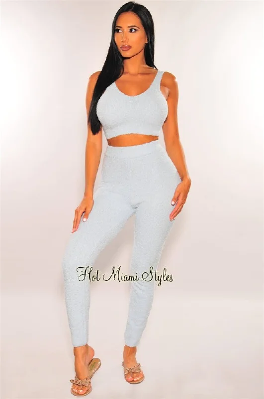 HMS Lounge: Iced Blue Fuzzy Tank High Waist Jogger Pants Two Piece Set