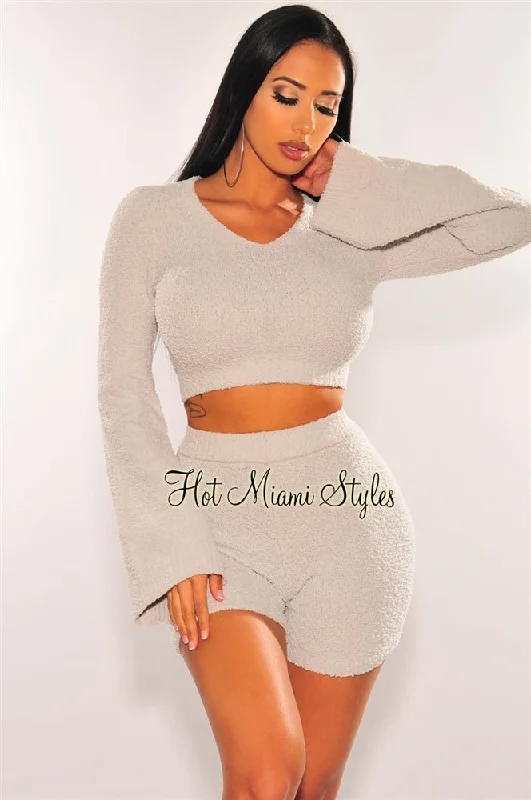 HMS Lounge: Light Gray Fuzzy Bell Sleeves Biker Shorts Two Piece Set