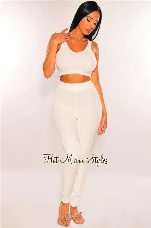 HMS Lounge: Off White Fuzzy Tank High Waist Jogger Pants Two Piece Set