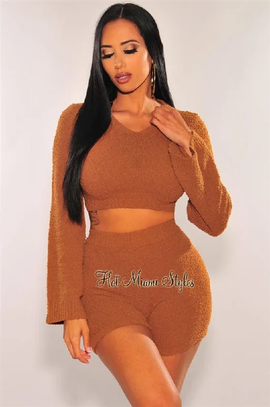 HMS Lounge: Toffee Fuzzy Bell Sleeves Biker Shorts Two Piece Set