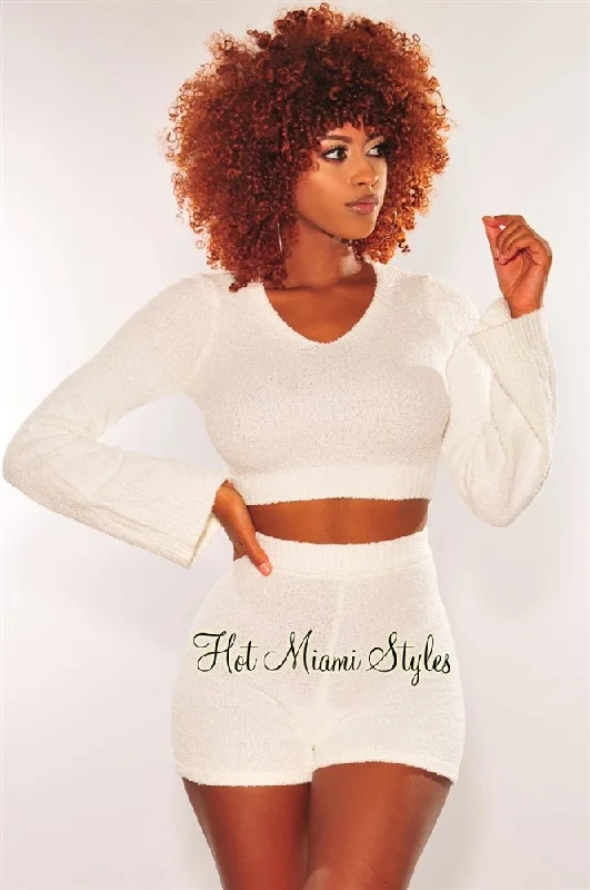 HMS Lounge: White Fuzzy Bell Sleeves Biker Shorts Two Piece Set