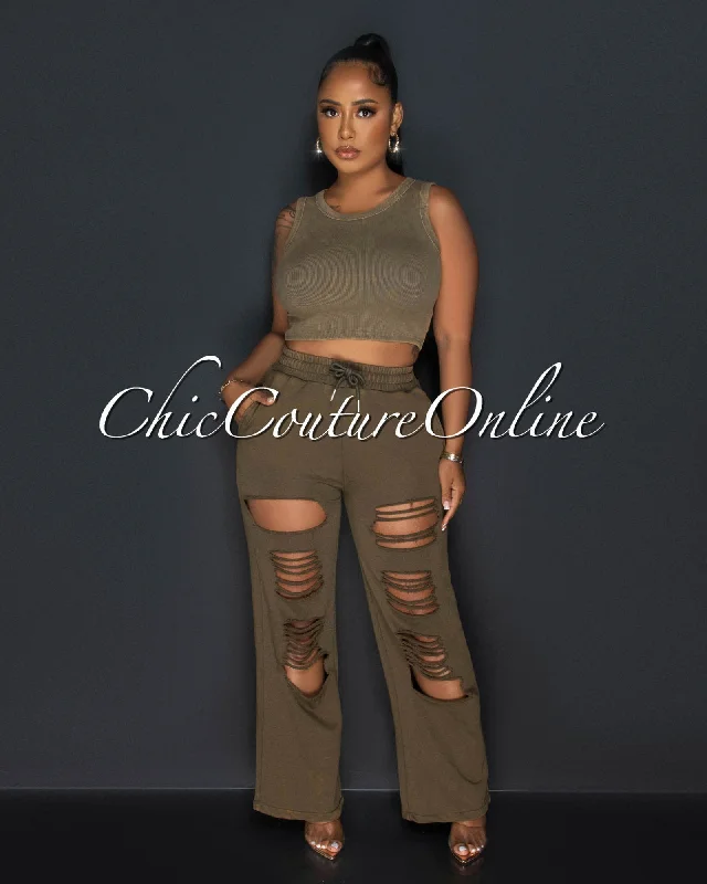 Kiki Deep Olive Green Ribbed Crop Top & Pants Set