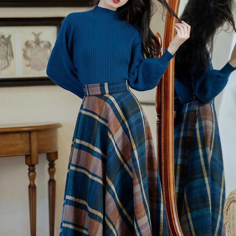 Indigo brown plaid retro skirt and high neck sweater 