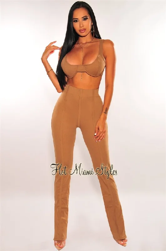 Mocha Ribbed Knit Underwire High Waist Palazzo Two Piece Set