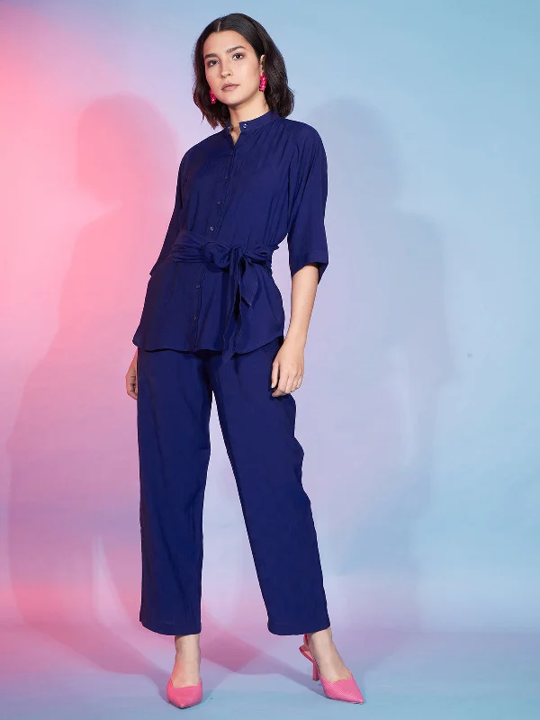 Odette Women Navy Blue Viscose Rayon Solid Stitched Co-Ord Set