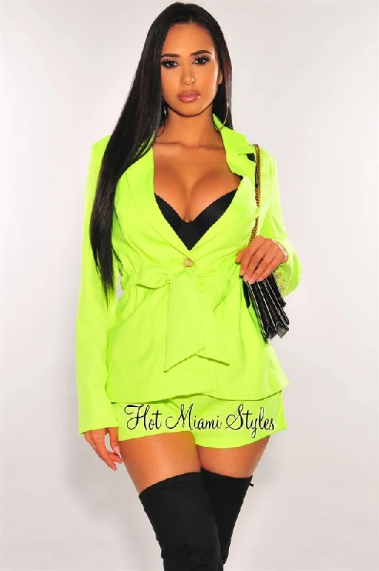 Neon Lime Belted Coat Shorts Two Piece Set