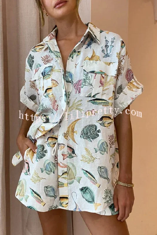 Lilipretty Ocean Legend Linen Blend Sea Fish Print Blouse and Elastic Waist Pocketed Shorts Set