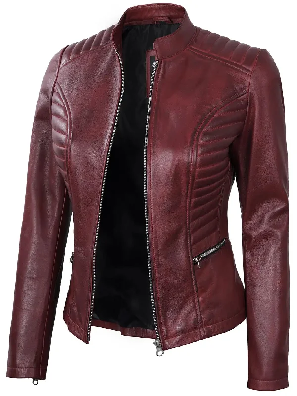 Rachel Women's Maroon Cafe Racer Leather Jacket