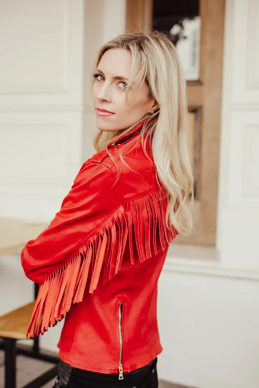 Red Nashville Stretch Leather Fringe Jacket