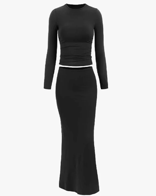 Set Of Two : Solid Cropped Long Sleeve Top With Side Slit Long Fitted Skirt In Black