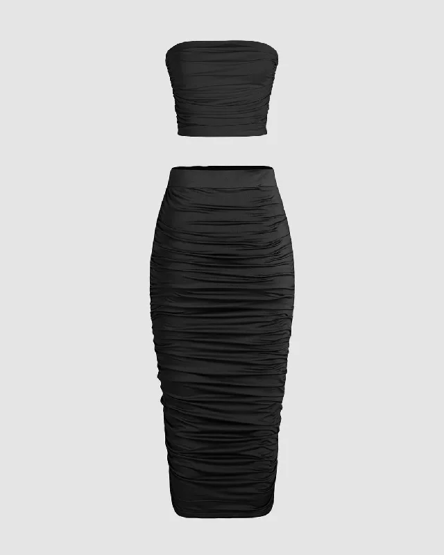 Solid Ruched Crop Top with High Waist Midi Skirt In Black