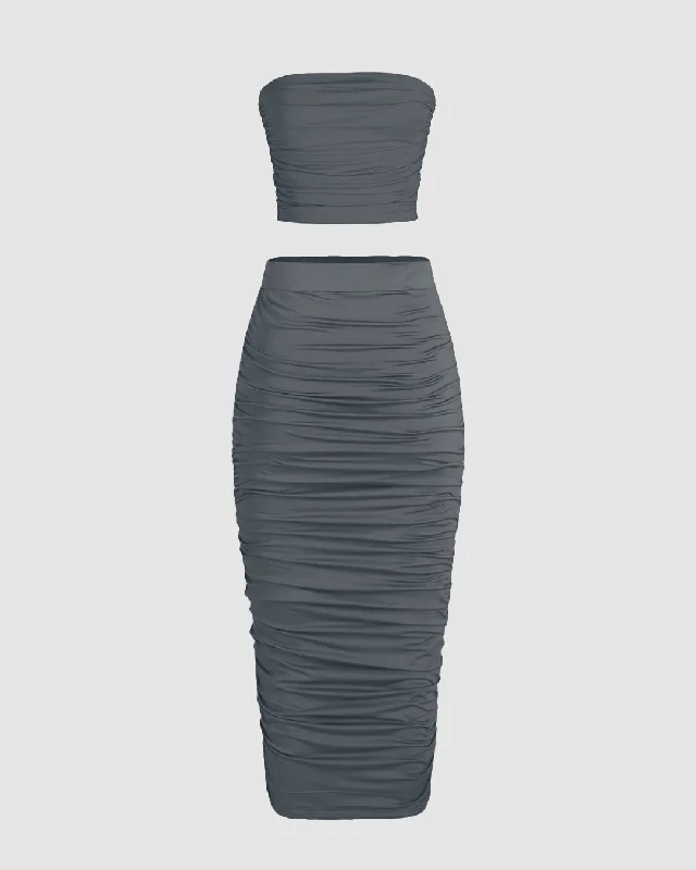 Solid Ruched Crop Top with High Waist Midi Skirt In Grey