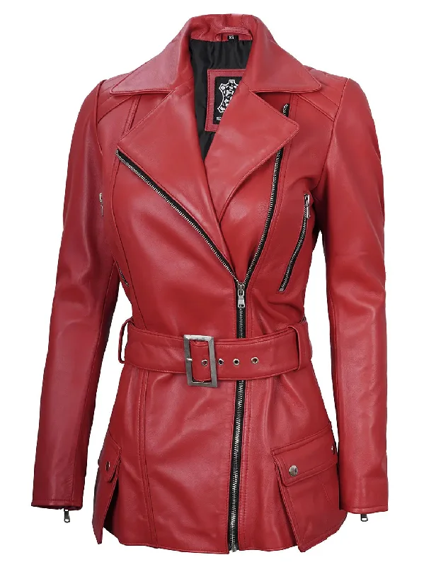 Victoria Asymmetrical Red Leather Biker Jacket