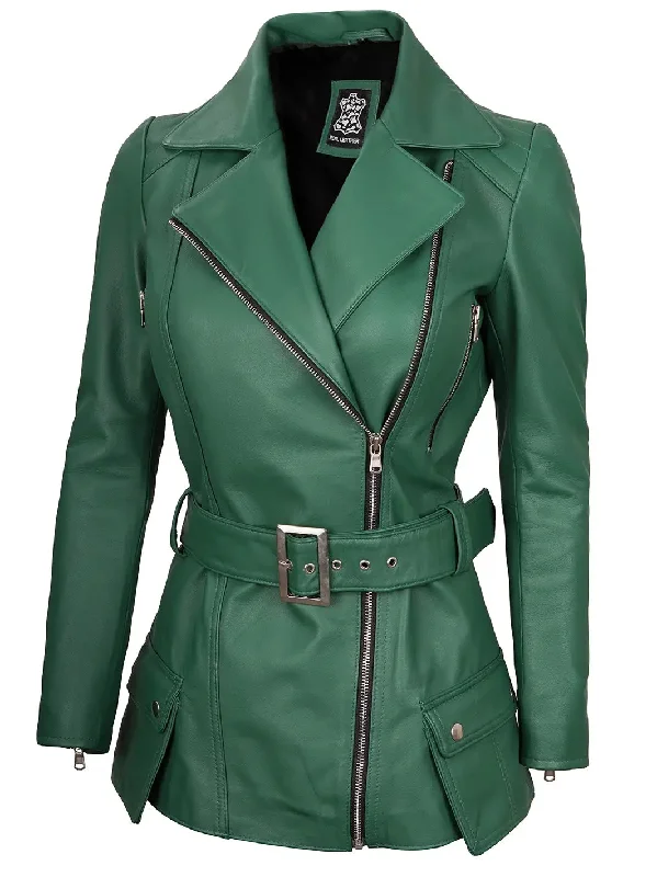 Victoria Green Asymmetrical Leather Biker Jacket Women