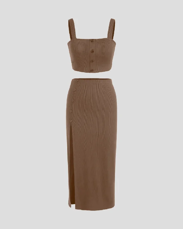 Welcome Summer Set Of Two Crop Top And Skirt In Mocha