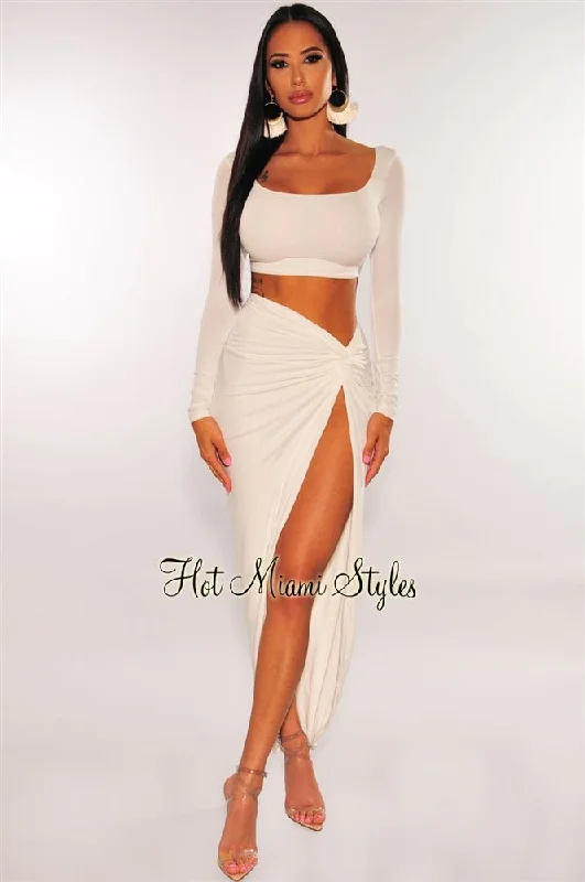 White Long Sleeves Knotted Slit Skirt Two Piece Set