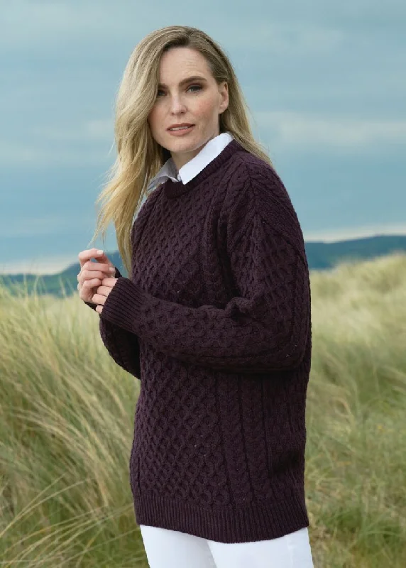 Aran Crew Neck Merino Sweater | Damson