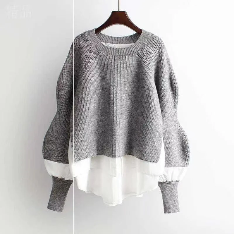 European Station 2023 Spring and Autumn New Women's Knitwear Fashion Sweater Fake Two Piece Combination Pullover Women's Top