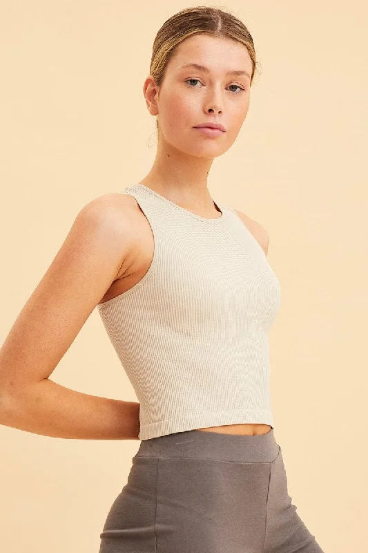 Beige Bone Seamless Tank Crop Racer Back Sleeveless