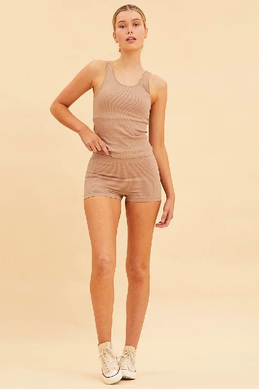 Beige Seamless Tank Full Length Sleeveless Soop Neck