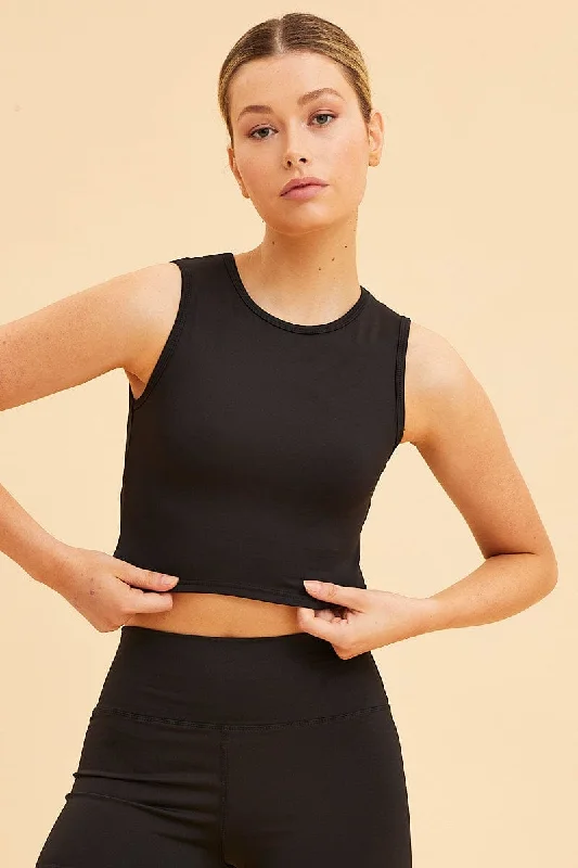 Black Crop Tank Cut Out Back Detail Crew Neck