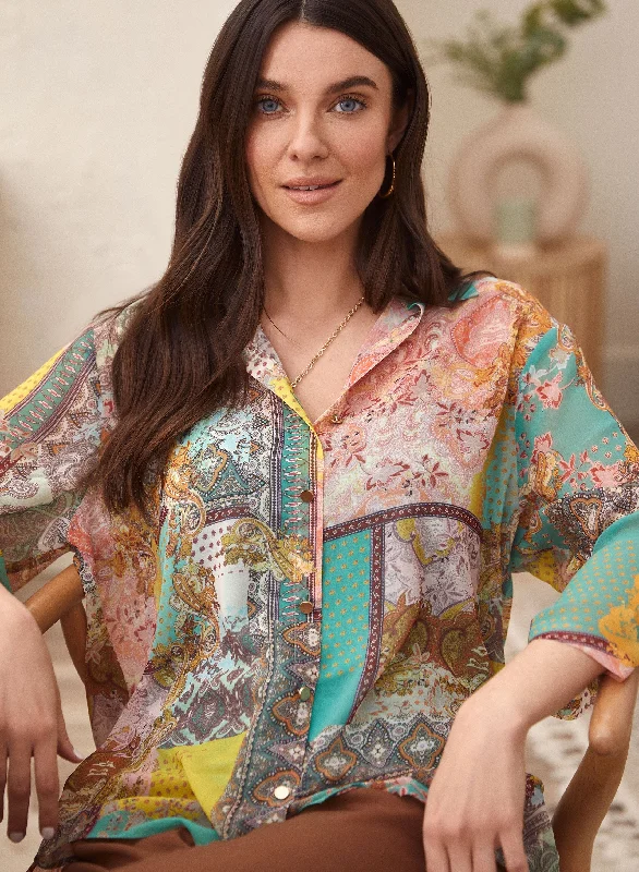 Patchwork Print Button-Up Blouse