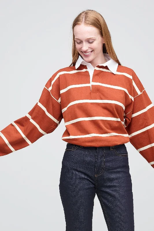 Fine Stripe Rugby Shirt - Cinnamon/Ecru