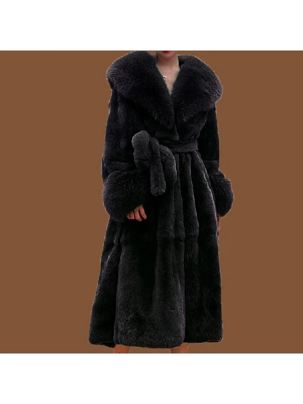 Fluff Lace Up Waist Tie Faux Fur Stylish Long Coat