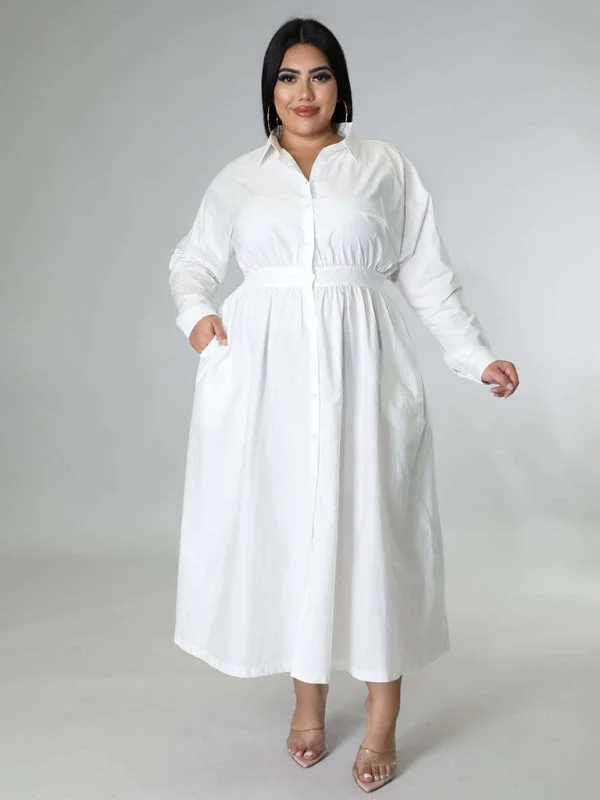 New Plus Size Women's Solid Color Long-Sleeved Shirt Dress +