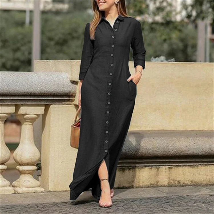 Shirt Collar Denim Button Maxi Dress Fashion +