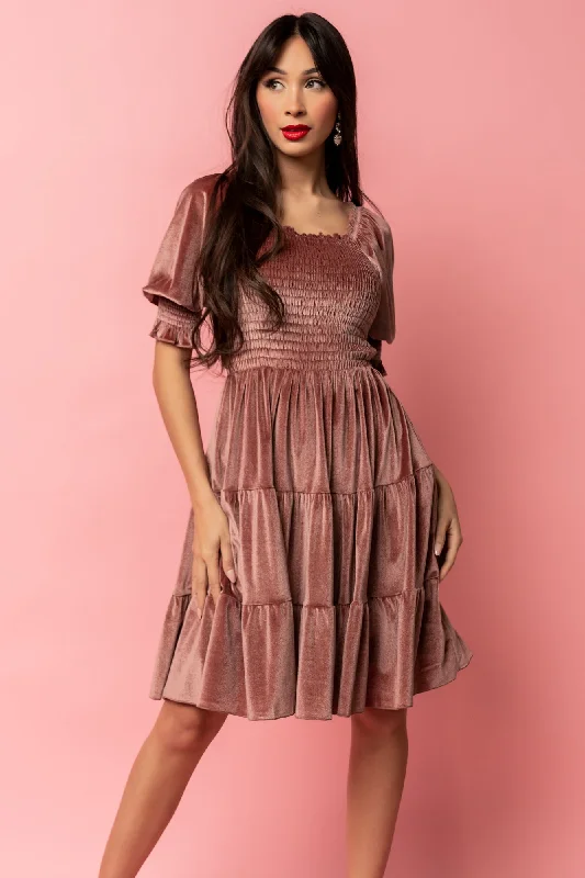 Bliss Smocked Velvet Short Dress | Vintage Rose