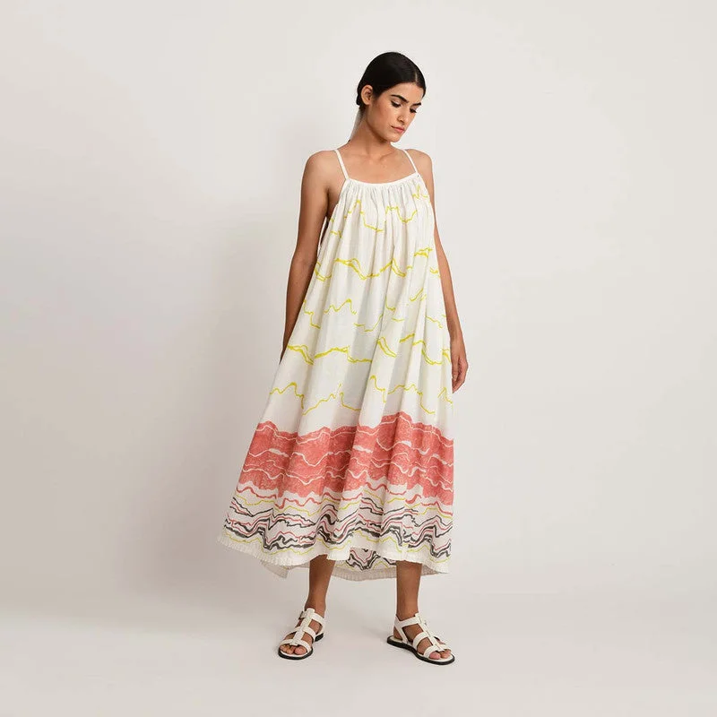 Bamboo Cotton Gathered Dress | White & Pink