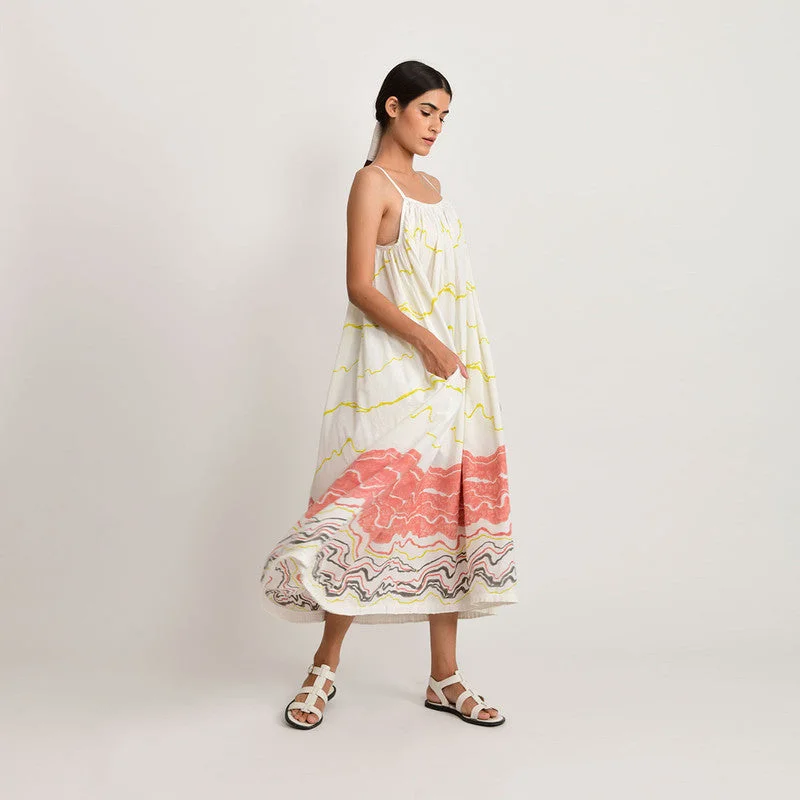 Bamboo Cotton Gathered Dress | White & Pink