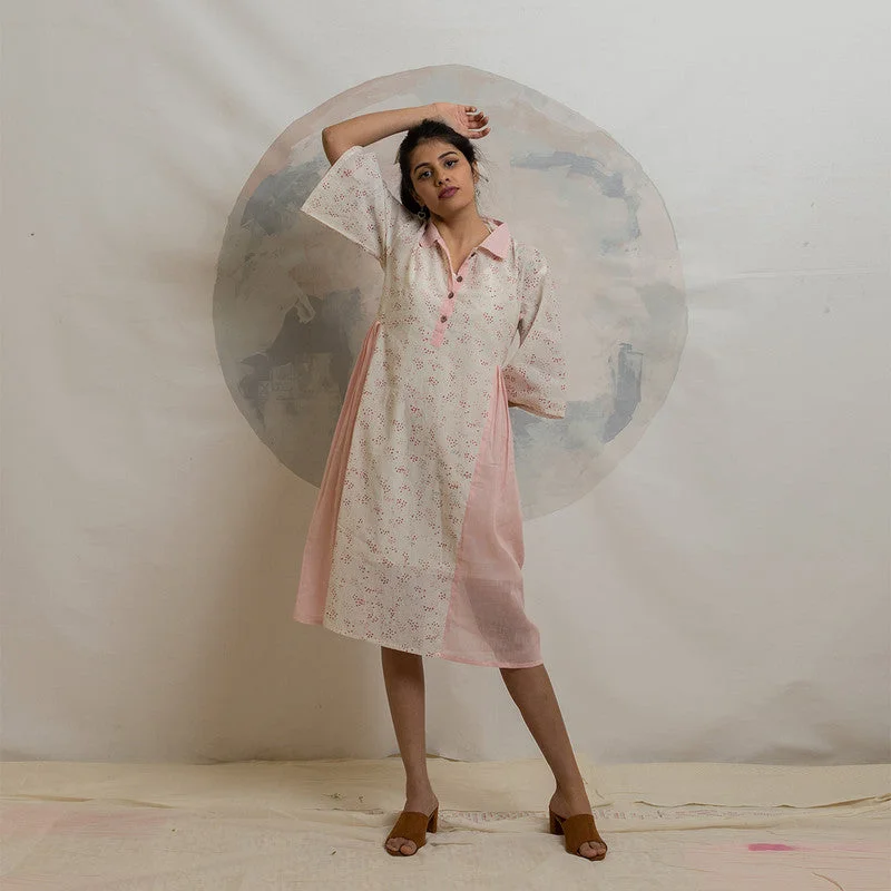 Cotton Block Printed Dress | Pink & White