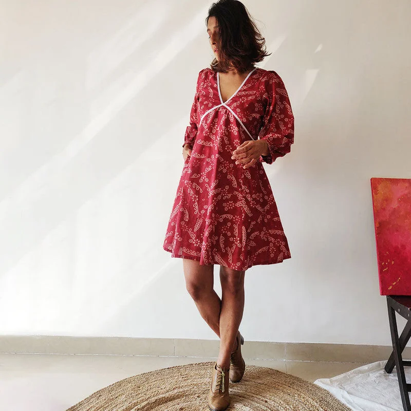 Cotton Printed Criss-Cross Dress | Maroon