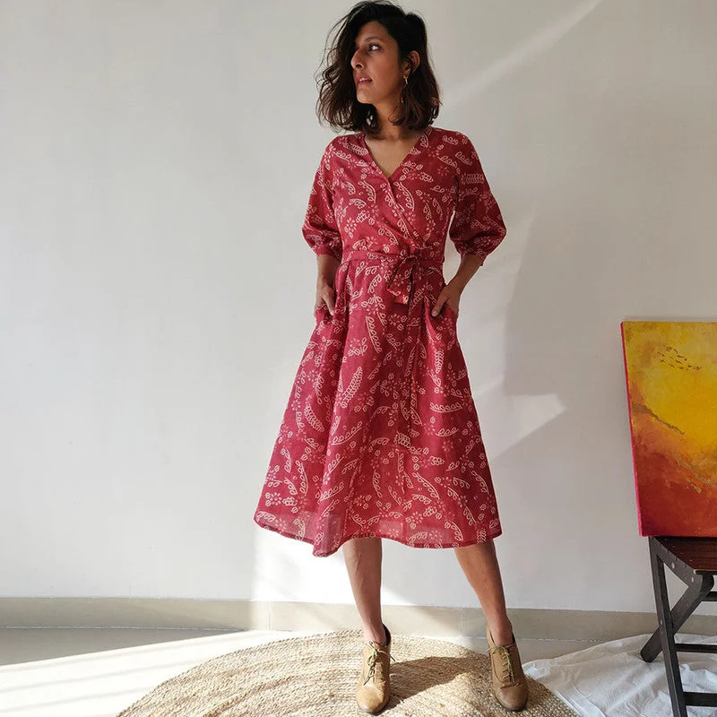 Dresses For Women | Cotton Wrap Dress | Printed | Maroon