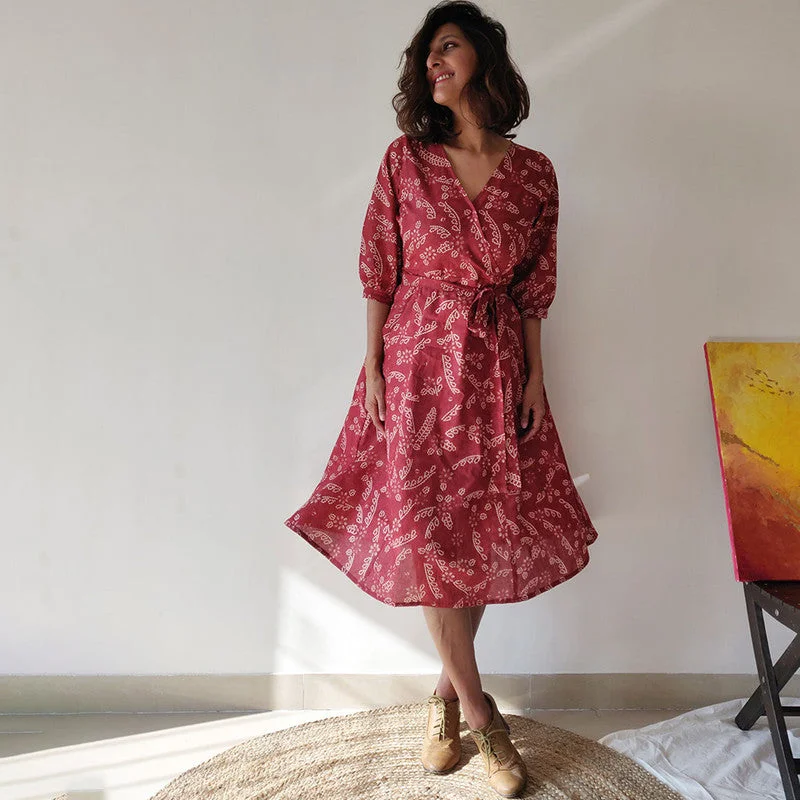 Dresses For Women | Cotton Wrap Dress | Printed | Maroon