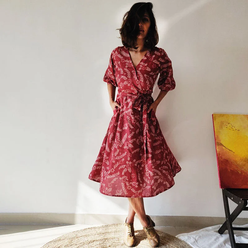 Dresses For Women | Cotton Wrap Dress | Printed | Maroon