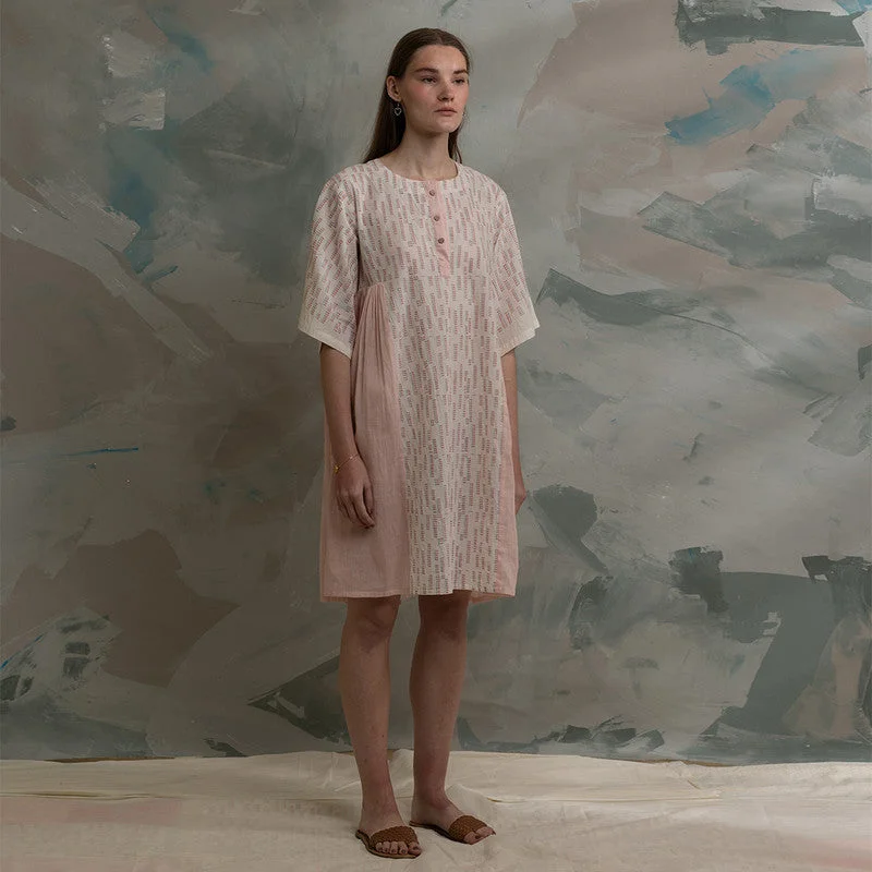 Cotton Round Neck Dress | Pink & White